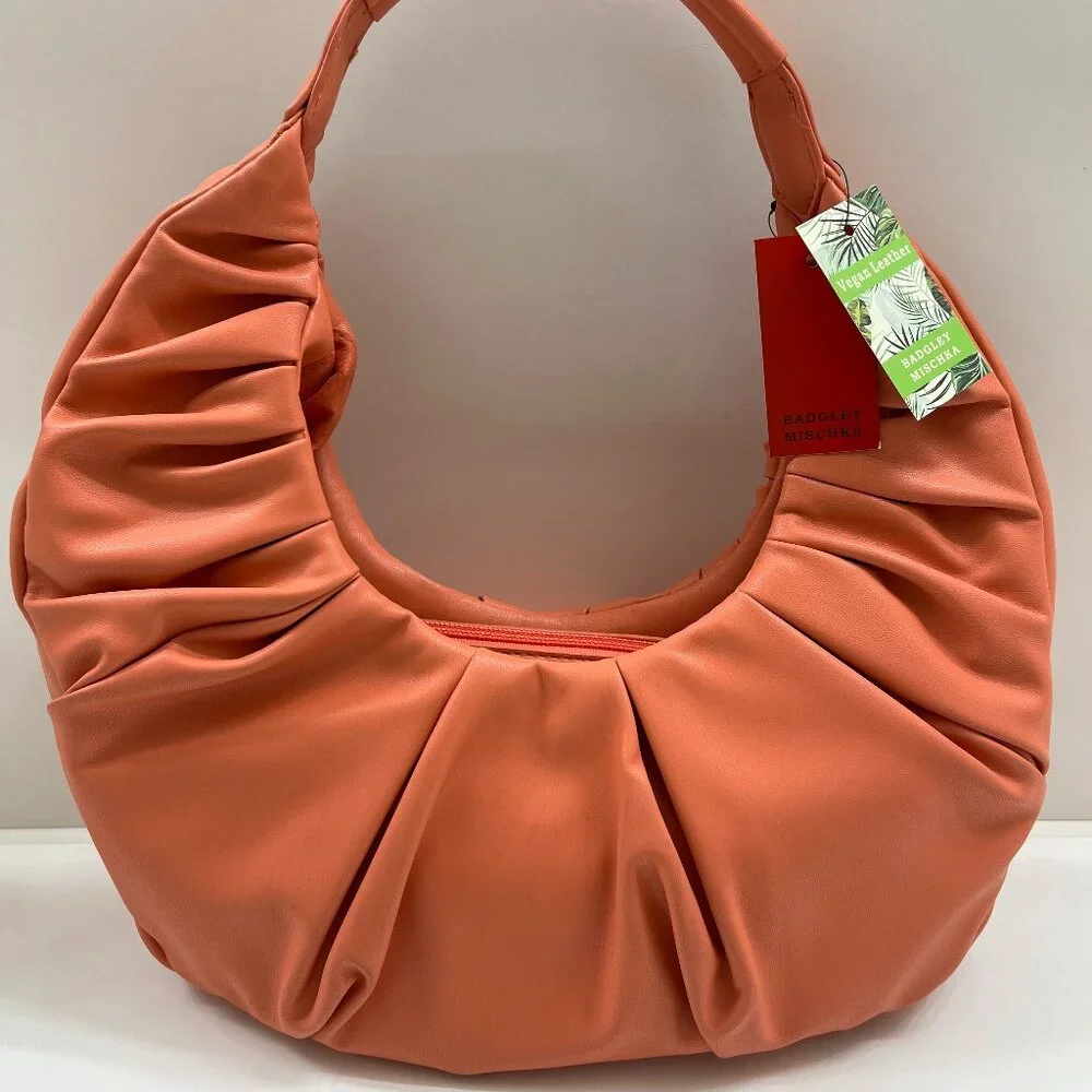 Badgley Mischka - Pleats Shoulder Bag - Coral/ Orange Vegan Leather - NWT